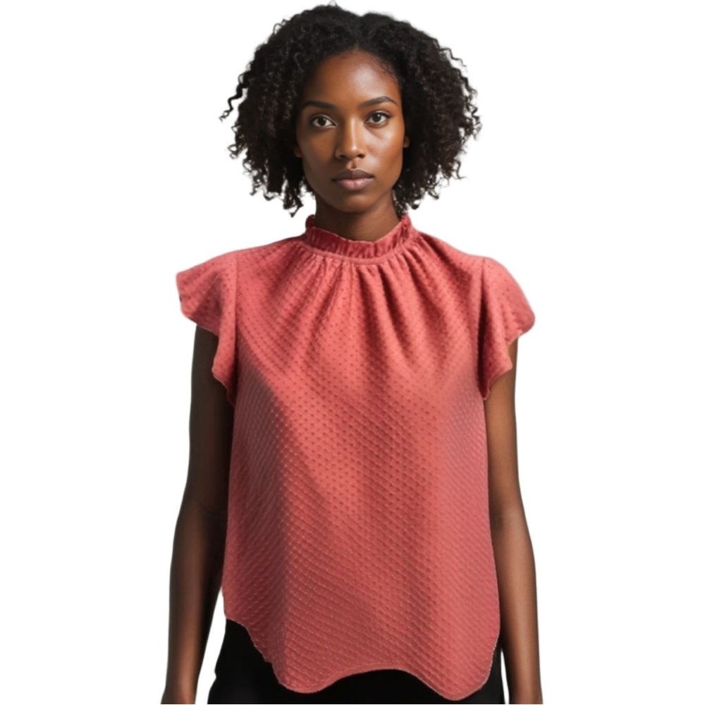 Anthropologie W5 Coral Pink Dot Textured and Ruffle Blouse - size M